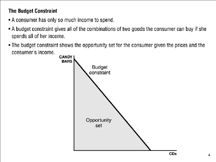 The Budget Constraint • A consumer has only so much income to spend. •