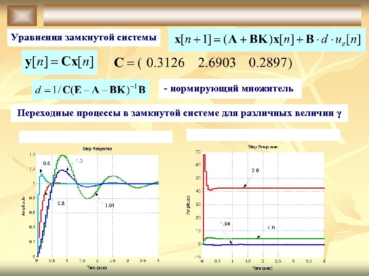 Уравнения замкнутой системы - нормирующий множитель Переходные процессы в замкнутой системе для различных величин