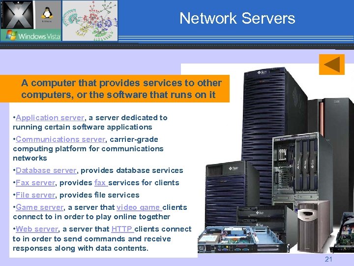 Network Servers A computer that provides services to other computers, or the software that