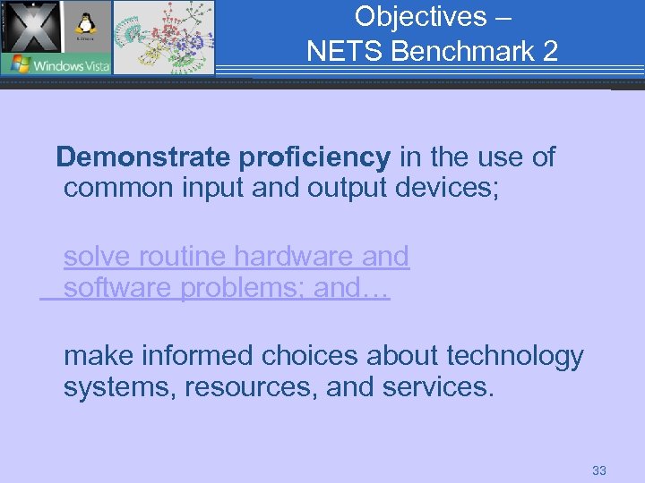 Objectives – NETS Benchmark 2 Demonstrate proficiency in the use of common input and