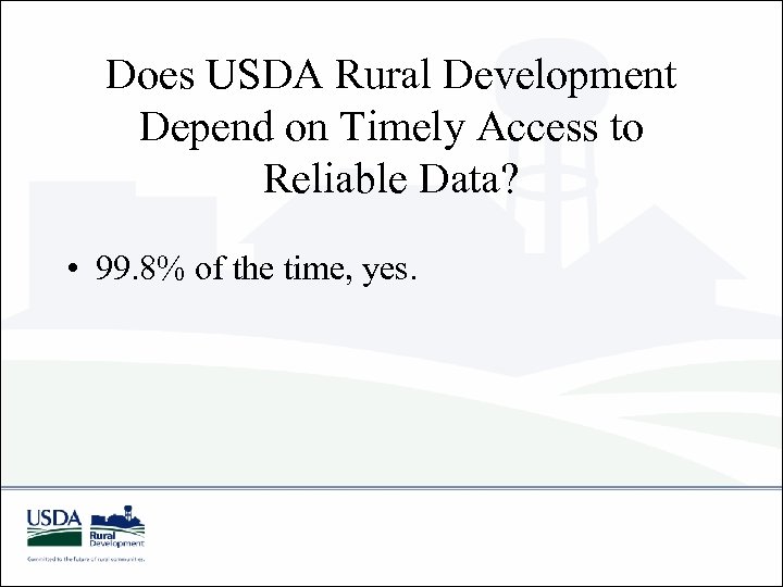 Does USDA Rural Development Depend on Timely Access to Reliable Data? • 99. 8%