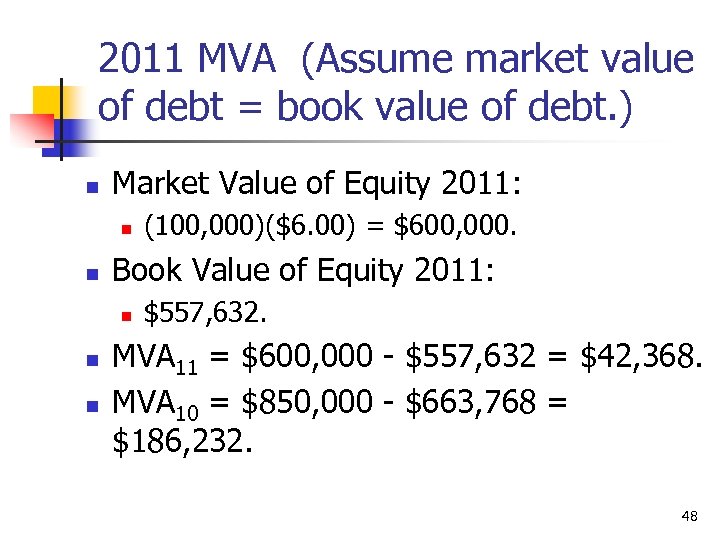 2011 MVA (Assume market value of debt = book value of debt. ) n