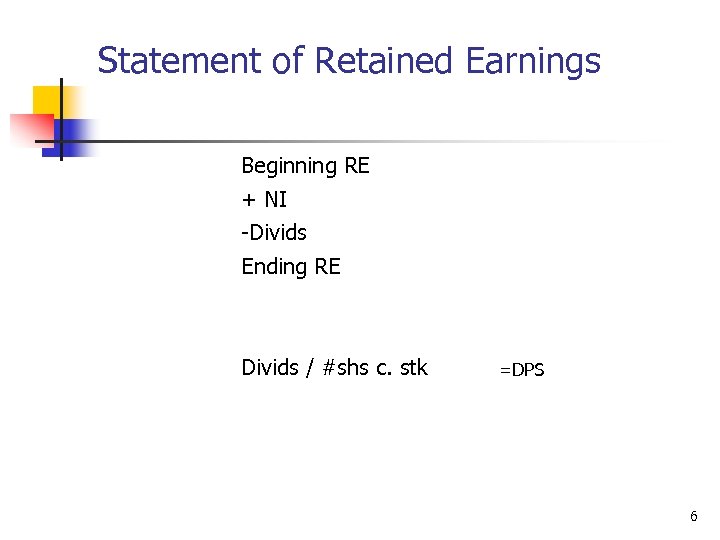 Statement of Retained Earnings Beginning RE + NI -Divids Ending RE Divids / #shs