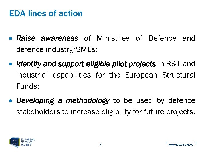 EDA lines of action Raise awareness of Ministries of Defence and defence industry/SMEs; Identify