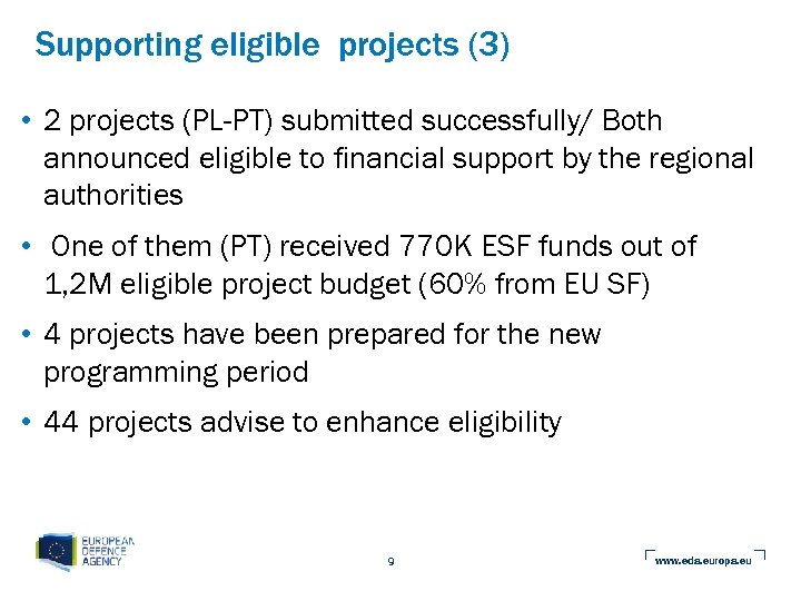 Supporting eligible projects (3) • 2 projects (PL-PT) submitted successfully/ Both announced eligible to