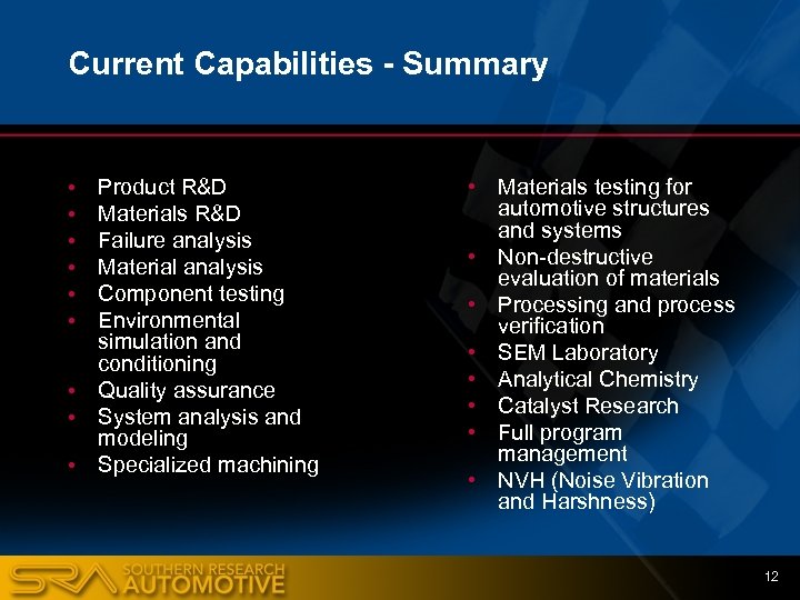 Current Capabilities - Summary • • • Product R&D Materials R&D Failure analysis Material