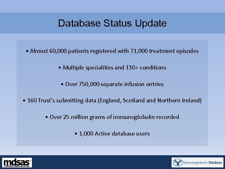 Database Status Update • Almost 60, 000 patients registered with 71, 000 treatment episodes