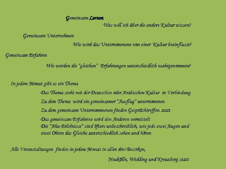 Gemeinsam Lernen Was will ich über die andere Kultur wissen? Gemeinsam Unternehmen Wie wird