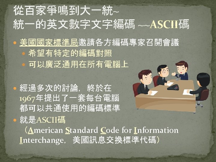 從百家爭鳴到大一統~ 統一的英文數字文字編碼 ~~ASCII碼 美國國家標準局邀請各方編碼專家召開會議 希望有特定的編碼對照 可以廣泛通用在所有電腦上 經過多次的討論，終於在 1967年提出了一套每台電腦 都可以共通使用的編碼標準 就是ASCII碼 （American Standard Code for