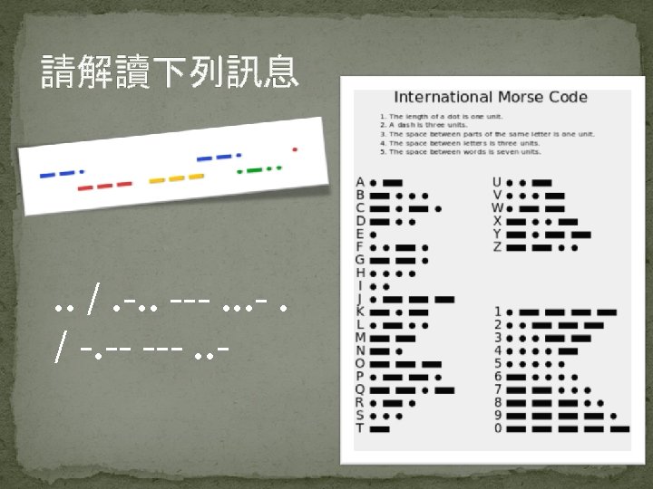 請解讀下列訊息 . . /. -. . ---. . . -. / -. -- ---.