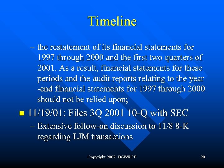 Timeline – the restatement of its financial statements for 1997 through 2000 and the
