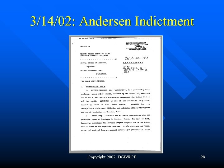 3/14/02: Andersen Indictment Copyright 2002. DGB/RCP 28 