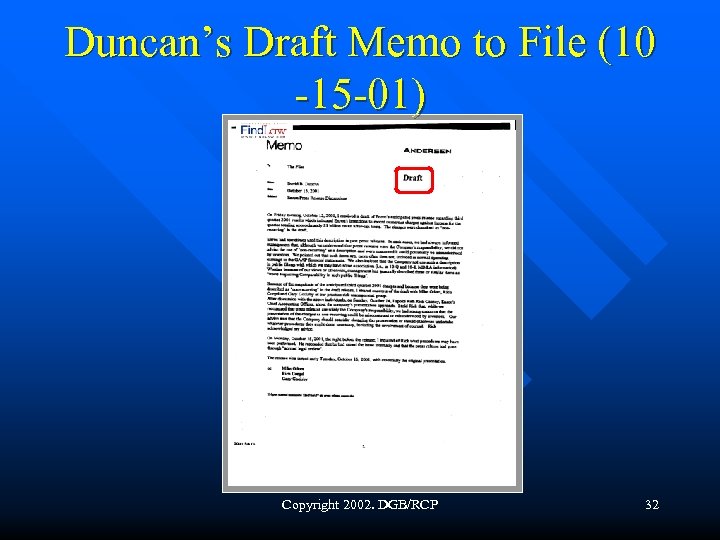 Duncan’s Draft Memo to File (10 -15 -01) Copyright 2002. DGB/RCP 32 