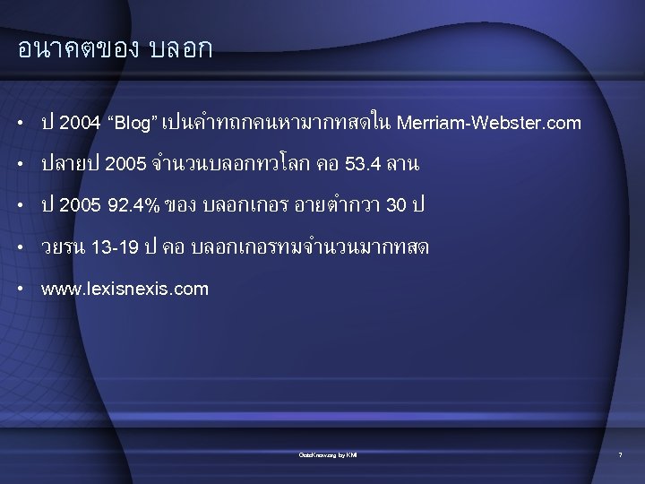 อนาคตของ บลอก • • • ป 2004 “Blog” เปนคำทถกคนหามากทสดใน Merriam-Webster. com ปลายป 2005 จำนวนบลอกทวโลก