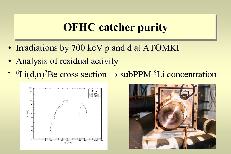 OFHC catcher purity • Irradiations by 700 ke. V p and d at ATOMKI