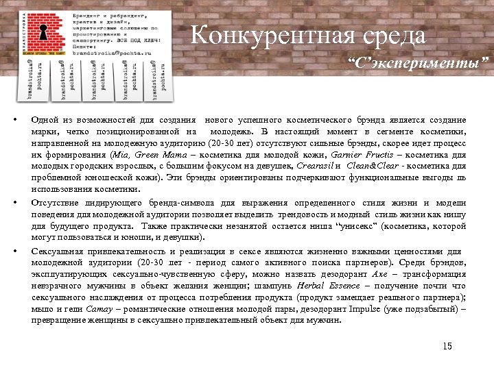 Конкурентная среда “C’эксперименты” • • • Одной из возможностей для создания нового успешного косметического