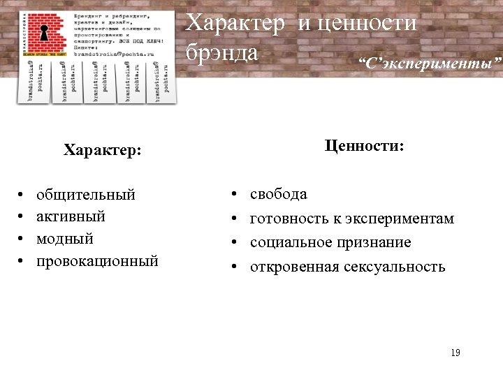 Характер и ценности брэнда “C’эксперименты” Ценности: Характер: • • общительный активный модный провокационный •