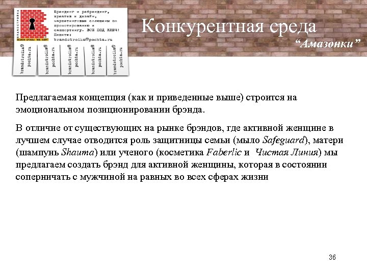 Конкурентная среда “Амазонки” Предлагаемая концепция (как и приведенные выше) строится на эмоциональном позиционировании брэнда.