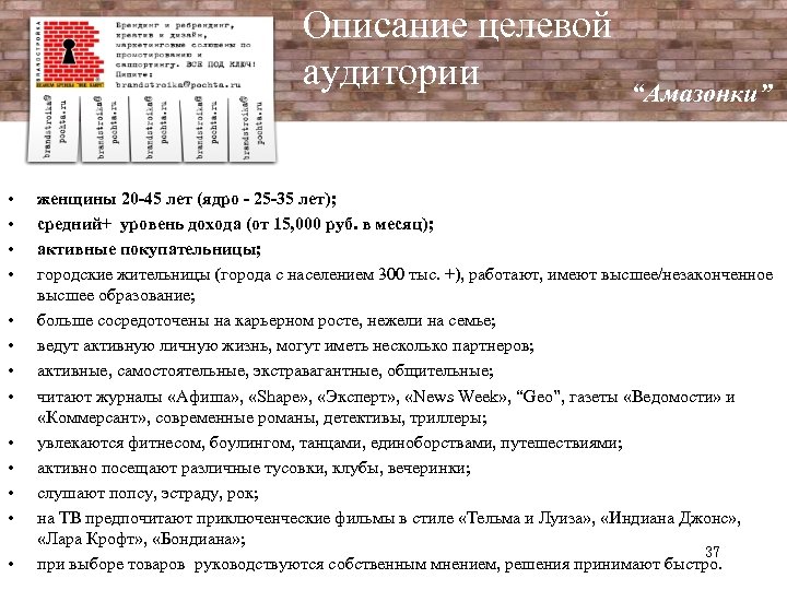 Описание целевой аудитории • • • • “Амазонки” женщины 20 -45 лет (ядро -