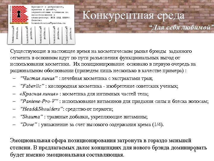 Конкурентная среда “Для себя любимой” Существующие в настоящее время на косметическом рынке брэнды заданного