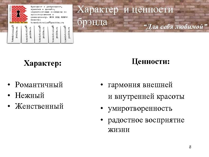 Характер и ценности брэнда “Для себя любимой” Характер: • Романтичный • Нежный • Женственный