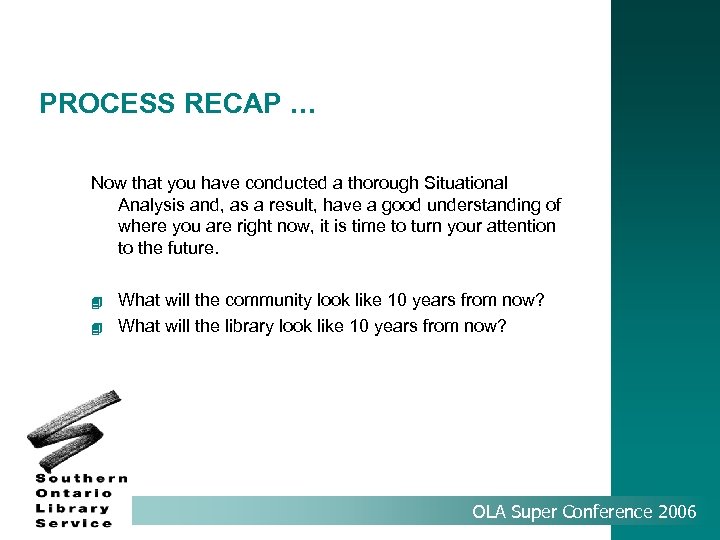 PROCESS RECAP … Now that you have conducted a thorough Situational Analysis and, as