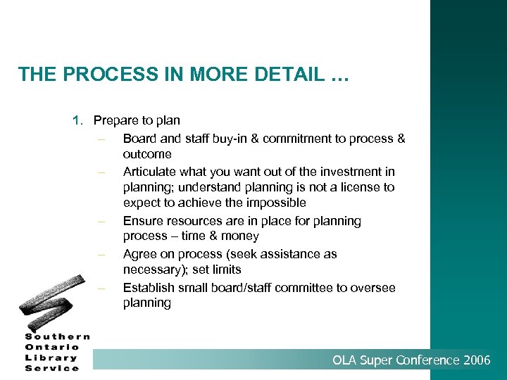 THE PROCESS IN MORE DETAIL … 1. Prepare to plan – Board and staff