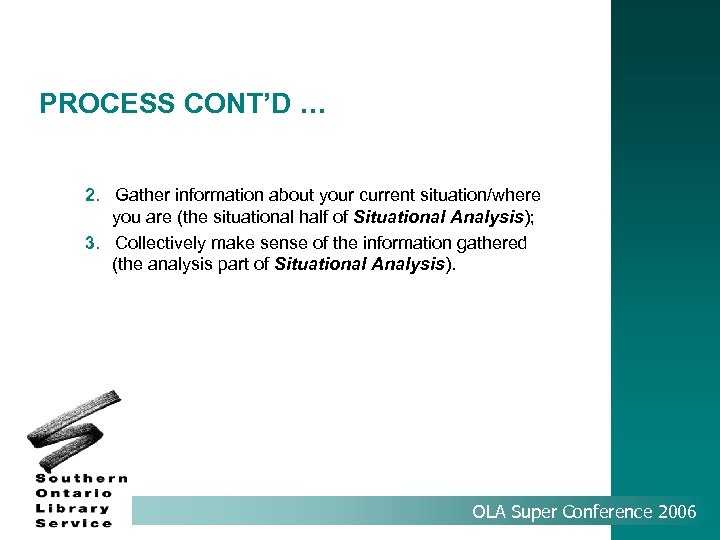 PROCESS CONT’D … 2. Gather information about your current situation/where you are (the situational
