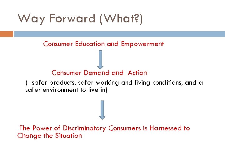 Way Forward (What? ) Consumer Education and Empowerment Consumer Demand Action ( safer products,