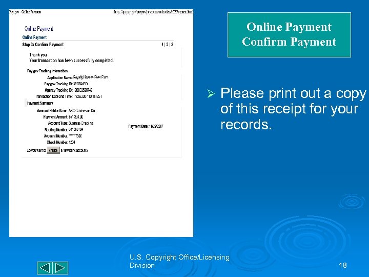 Online Payment Confirm Payment Ø Please print out a copy of this receipt for