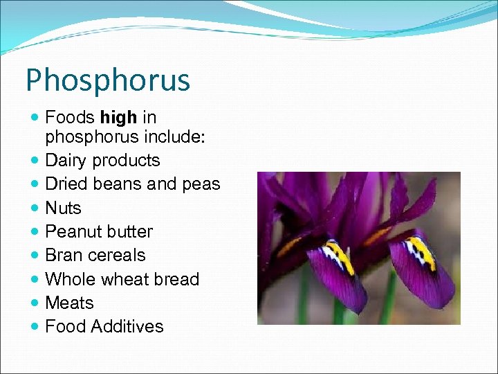 Phosphorus Foods high in phosphorus include: Dairy products Dried beans and peas Nuts Peanut