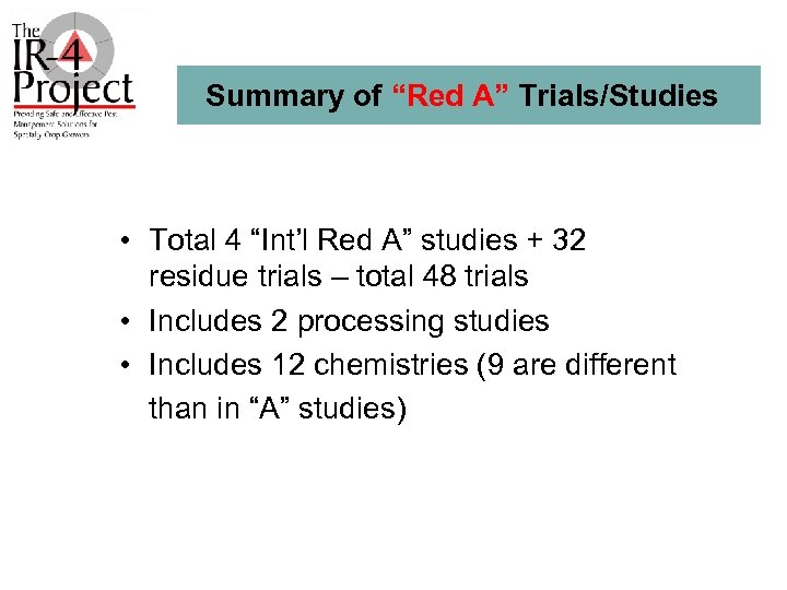 Summary of “Red A” Trials/Studies • Total 4 “Int’l Red A” studies + 32