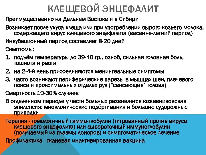 КЛЕЩЕВОЙ ЭНЦЕФАЛИТ Преимущественно на Дальнем Востоке и в Сибири Возникает после укуса клеща или