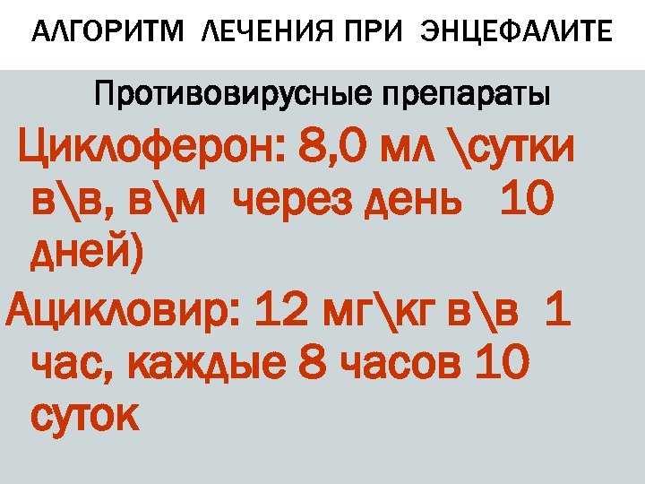 АЛГОРИТМ ЛЕЧЕНИЯ ПРИ ЭНЦЕФАЛИТЕ Противовирусные препараты Циклоферон: 8, 0 мл сутки вв, вм через