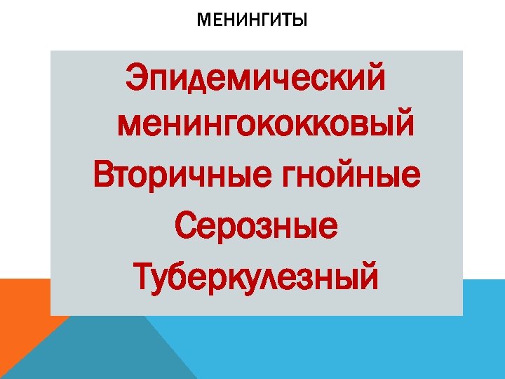 МЕНИНГИТЫ Эпидемический менингококковый Вторичные гнойные Серозные Туберкулезный 