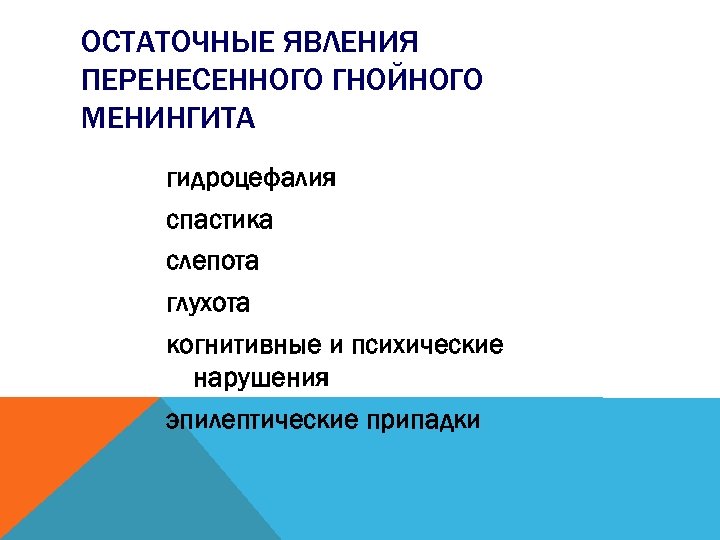 ОСТАТОЧНЫЕ ЯВЛЕНИЯ ПЕРЕНЕСЕННОГО ГНОЙНОГО МЕНИНГИТА гидроцефалия спастика слепота глухота когнитивные и психические нарушения эпилептические