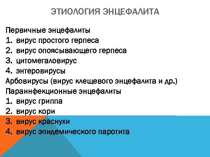 ЭТИОЛОГИЯ ЭНЦЕФАЛИТА Первичные энцефалиты 1. вирус простого герпеса 2. вирус опоясывающего герпеса 3. цитомегаловирус