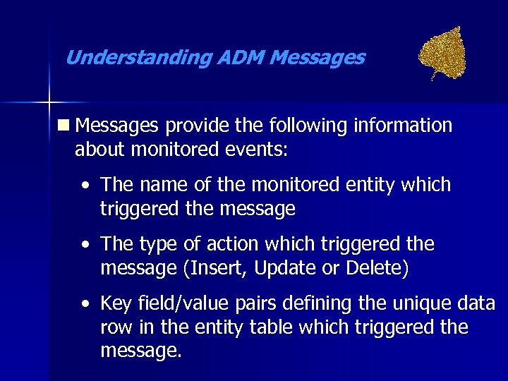 Understanding ADM Messages n Messages provide the following information about monitored events: • The