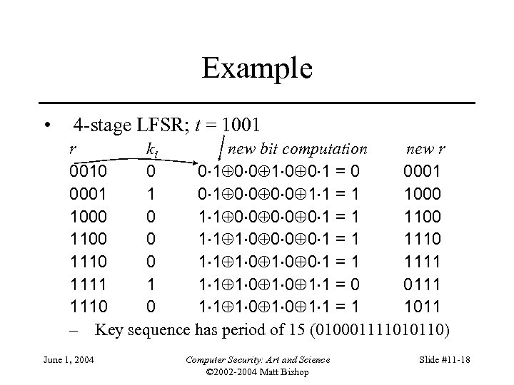 Example • 4 -stage LFSR; t = 1001 r ki new bit computation new