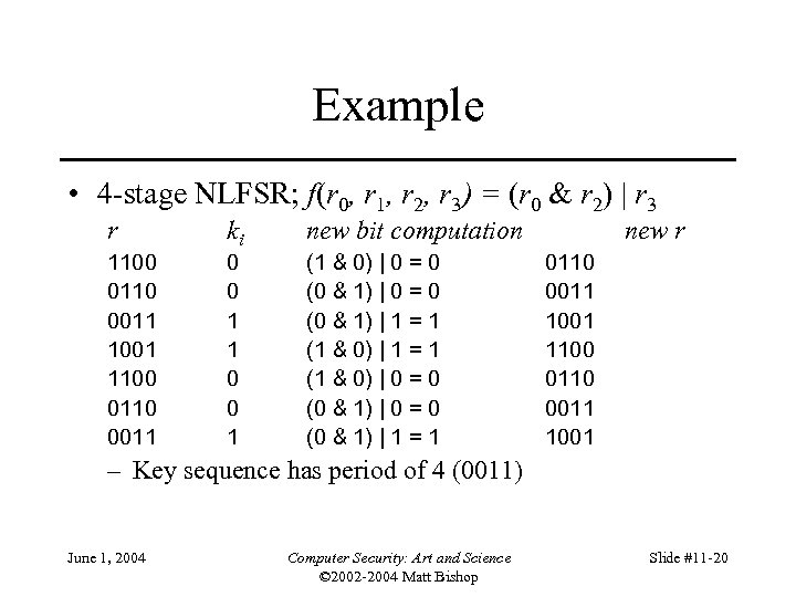 Example • 4 -stage NLFSR; f(r 0, r 1, r 2, r 3) =