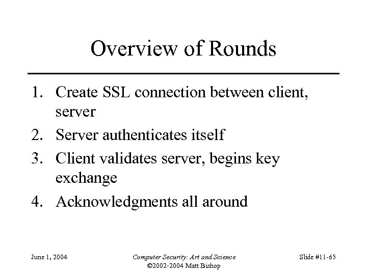 Overview of Rounds 1. Create SSL connection between client, server 2. Server authenticates itself