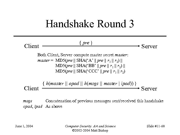 Handshake Round 3 Client { pre } Server Both Client, Server compute master secret