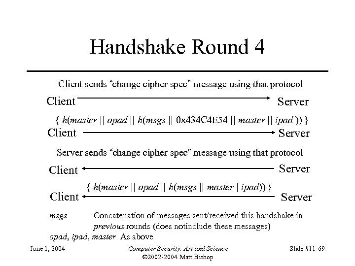 Handshake Round 4 Client sends “change cipher spec” message using that protocol Client Server