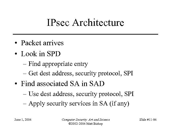 IPsec Architecture • Packet arrives • Look in SPD – Find appropriate entry –