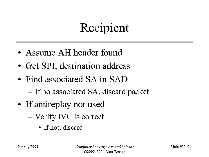 Recipient • Assume AH header found • Get SPI, destination address • Find associated
