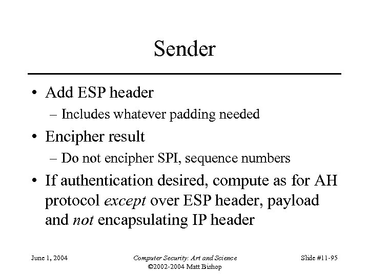 Sender • Add ESP header – Includes whatever padding needed • Encipher result –