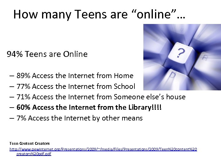 How many Teens are “online”… 94% Teens are Online – 89% Access the Internet