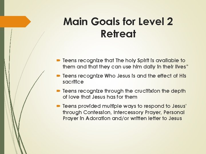 Main Goals for Level 2 Retreat Teens recognize that The holy Spirit is available