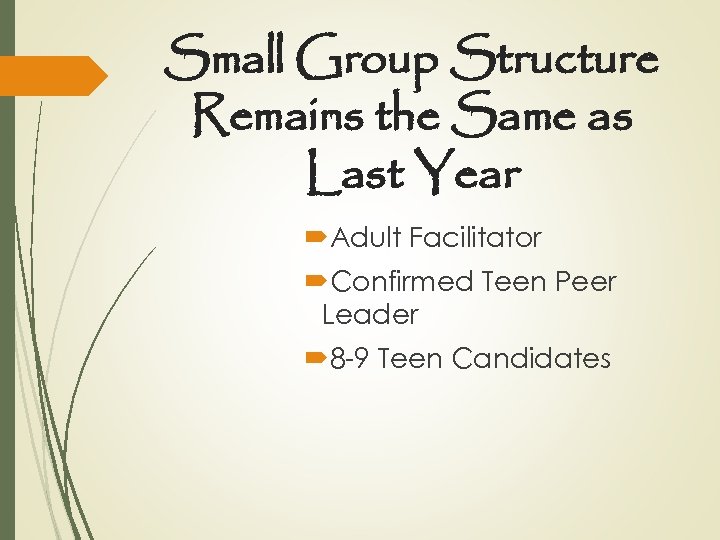 Small Group Structure Remains the Same as Last Year Adult Facilitator Confirmed Teen Peer