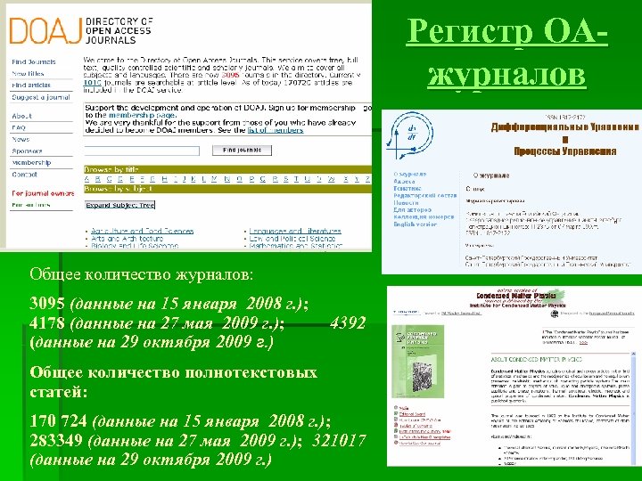 Регистр OAжурналов Общее количество журналов: 3095 (данные на 15 января 2008 г. ); 4178